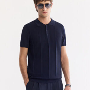 Erkek Triko Regular Koyu Lacivert Polo Düğmeli Fit Yaka T-Shirt