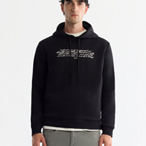 Yeni Sezon Sweatshirt Erkek Siyah Kapüşonlu 3 İplik Şardonlu Baskılı Regular Fit A42Y1303