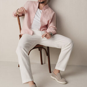 Yeni Sezon Pantolon Erkek Beyaz Beli Lastikli %100 Keten Relaxed Fit B003032