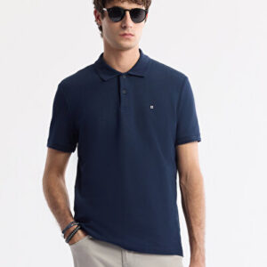 2026 Erkek Lacivert Kıvrılmaz Polo Yaka %100 Pamuk Basic Regular Fit T-Shirt B001032