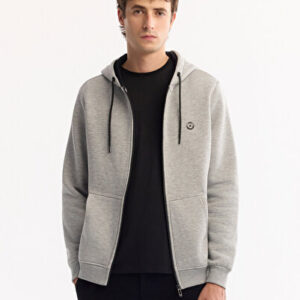 Yeni Sezon Sweatshirt Erkek Gri Kapüşonlu 3 İplik Şardonlu Fermuarlı Regular Fit E001019