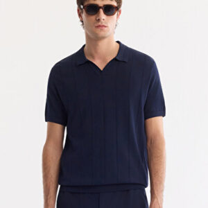 Bay Triko Polo Yaka Fit Regular Düğmesiz Dokulu Navy T-Shirt A61Y5044