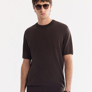Erkek Kahverengi Modern Bisiklet Yaka Keten Karışımlı Comfort Fit Triko T-Shirt A61Y5014