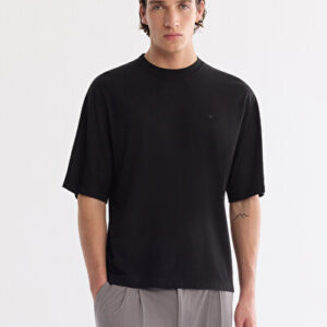 Erkek Siyah Klasik Bisiklet Yaka Oversize Rayon Tshırt B001050 | Yeni Sezon