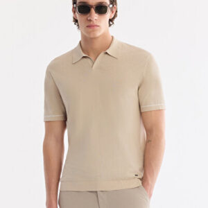 Erkek Bej Slim Fit Düğmesiz Polo Yaka Düz Pamuk Krep Triko T-shirts A61Y5041 | Orjinal Ürün