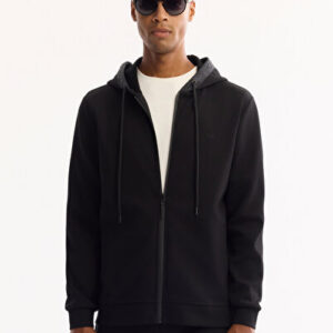 Erkek Siyah Kapüşonlu Yaka Fermuarlı Pamuklu Bi-Stretch Regular Fit Sweatshirt A52Y1270 - Hediye Kutulu