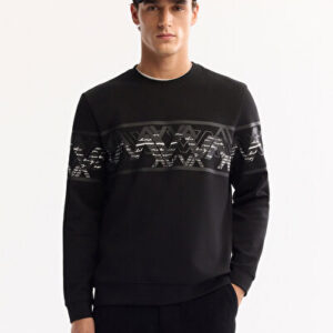 Erkek Siyah Slim Fit Bisiklet Yaka Pamuklu Bi-Stretch Baskılı Regular Fit Sweatshirt A52Y1256