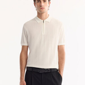 Erkek Ekru Polo Yaka Fermuarlı Rayon Tüylenmeyen Çizgili Triko Regular Fit T-Shirt A52Y5010 - Hediye Kutulu
