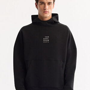 Erkek Siyah Modern Bisiklet Yaka Pamuklu Bi-Stretch Baskılı Oversize Fit Sweatshirt A52Y1312 - Hediye Kutulu