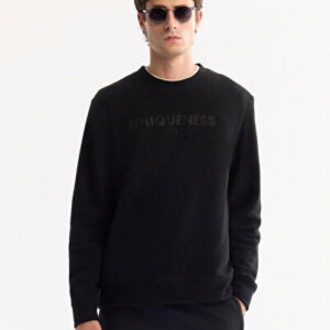 Erkek Siyah Klasik Bisiklet Yaka Soft Touch Baskılı Polar Regular Fit Sweatshirt A52Y1269 - Hediye Kutulu
