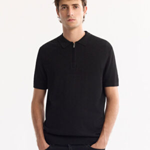 Erkek Siyah Polo Yaka Fermuarlı Rayon Tüylenmeyen Triko Regular Fit T-Shirt A52Y5006 - Hediye Kutulu