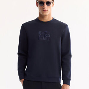 Erkek Lacivert Slim Fit Bisiklet Yaka Pamuklu Bi-Stretch Baskılı Regular Fit Sweatshirt A52Y1247 | Yeni Sezon