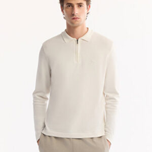 Erkek Ekru Regular Fit Polo Yaka Fermuarlı Rayon Tüylenmeyen Basic Triko Regular Fit Kazak B005150 - Premium Kalite