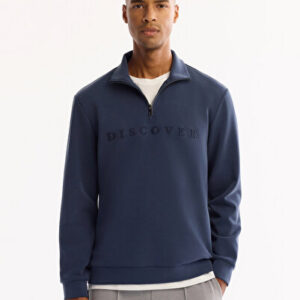 Erkek Açık Lacivert Dik Yaka Fermuarlı Soft Touch Baskılı Regular Fit Sweatshirt A52Y1281