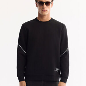 Erkek Siyah Sweatshirt Bisiklet Yaka Regular Pamuklu Baskılı Bi-Stretch Fit A52Y1258