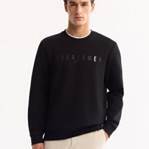 Erkek Siyah Sweatshirt Pamuklu Baskılı Fit Yaka Regular Bisiklet