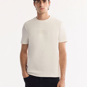 Erkek Ekru Bisiklet Yaka Viskon Karışımlı Bi-Stretch Baskılı Regular Fit T-Shirt A52Y1020