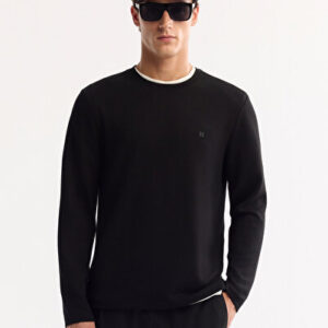 Erkek Siyah Basic Bisiklet Fit Karışımlı Viskon Regular Bi-Stretch Yaka Sweatshirt B001081