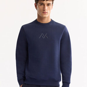 Erkek Lacivert Şardonlu Regular Sweatshirt Bisiklet Fit Pamuklu Yaka Baskılı A52Y1327