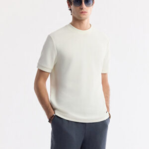 Avva Erkek Ekru Bisiklet Yaka Pamuklu Jakarlı Elastan Regular Fit T-Shirt A51Y1012 - Hediye Kutulu
