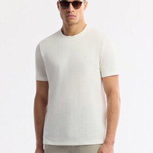 Erkek Ekru Fit Regular T-Shirt Karışımlı Viskon Yaka Bisiklet Jakarlı