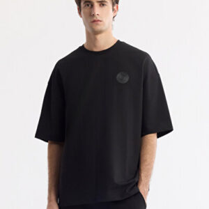 Avva Erkek Siyah Bisiklet Yaka Baskılı Bi-Stretch 2 İplik Oversize Fit T-Shirt A51Y1082 - Hızlı Kargo