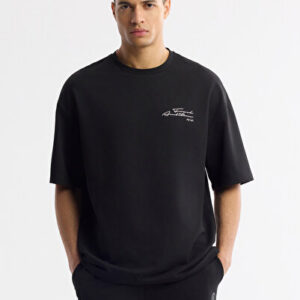 Erkek Siyah Pamuklu 2 T-Shirt Yaka Fit İplik Bisiklet Oversize
