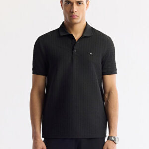 Erkek Siyah Regular Fit Polo Yaka Jakarlı Elastan Regular Fit T-Shirt A51Y1121