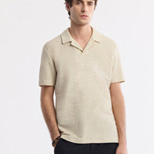 Erkek Bej Apaj Yaka Keten Karışımlı Jakarlı Regular Fit T-Shirt A51Y1153 | 2026 Koleksiyon