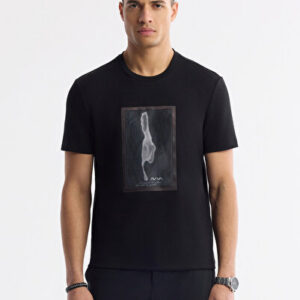 Erkek Siyah Slim Fit Bisiklet Yaka Baskılı Bi-Stretch İnterlok Regular Fit T-Shirt A51Y1029 - Premium Kalite