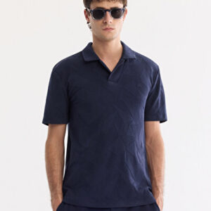 Erkek Koyu Lacivert Apaj Regular Yaka Kolay Ütülenen Fit Elastan T-Shirt A61Y1156