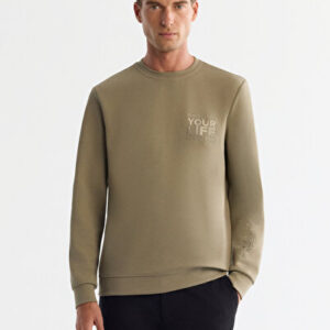 Erkek Vizon Klasik Bisiklet Yaka Pamuklu Baskılı Elastan Regular Fit Sweatshirt A42Y1206 | Yeni Sezon
