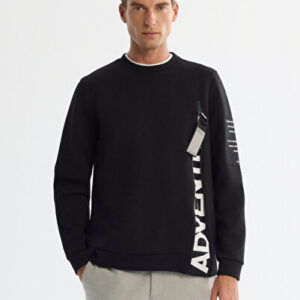 Erkek Siyah Bisiklet Yaka Pamuklu Baskılı Elastan Regular Fit Sweatshirt A42Y1246 - Hediye Kutulu
