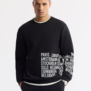 Erkek Siyah Casual Bisiklet Yaka Baskılı Bi-Stretch İnterlok Regular Fit Sweatshirt A51Y1237 - Hızlı Kargo