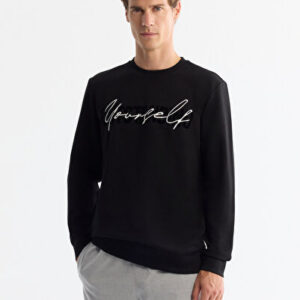 Erkek Siyah Comfort Bisiklet Yaka Pamuklu Baskılı Elastan Regular Fit Sweatshirt A42Y1258