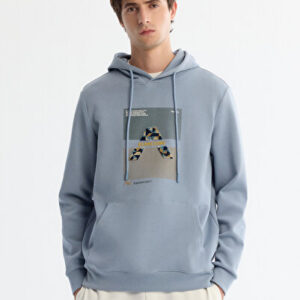 Erkek Açık Kapüşonlu Pamuklu Elastan Mavi Baskılı Regular Sweatshirt Fit