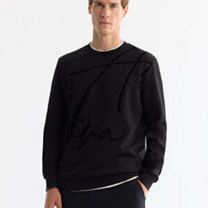 Erkek Siyah Bisiklet Yaka Pamuklu Baskılı Elastan Regular Fit Sweatshirt A42Y1268