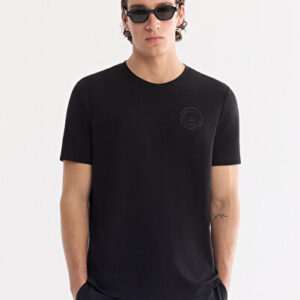 Klasik Bisiklet Fit Alan Soft T-Shirt Touch Nefes Antrasit-Siyah Baskılı Bay Regular Yaka