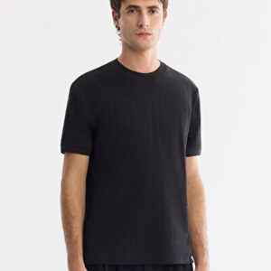 Yeni Sezon Erkek Siyah Bisiklet Yaka Pamuklu Elastan Regular Fit T-Shirt A61Y1023