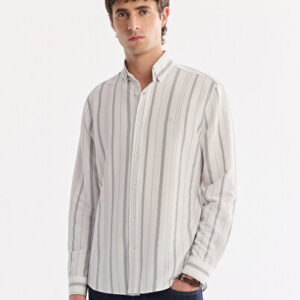 Casual Britli Çizgili Yaka Regular Alttan Fit Elastan Gri Shirt Bay Dokulu