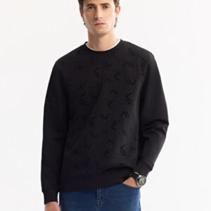 Sweatshirt Erkek Siyah Bisiklet Yaka Pamuklu Bi-Stretch Baskılı Regular Fit A52Y1208