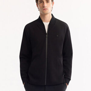 Yeni Sezon Erkek Siyah Bomber Yaka Pamuklu Bi-Stretch Regular Fit Sweatshirt A52Y1200