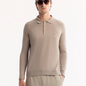 Bay Triko Düğmeli Vizon Fit Touch Regular Polo Yaka Soft Dokulu Kazak
