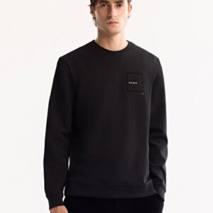 Bay Pamuklu Fit Baskılı Bi-Stretch Yaka Bisiklet Regular Siyah Sweatshirt