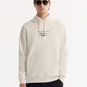 Erkek Ekru Kapüşonlu Pamuklu Bi-Stretch Baskılı Regular Fit Sweatshirt A52Y1211