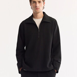 Mens Comfort Viskon Karışımlı Fit Bi-Stretch Yarım Siyah Fermuarlı Sweat