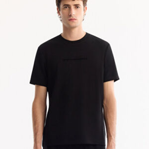 Yeni Sezon Erkek Siyah Bisiklet Yaka Viskon Karışımlı Bi-Stretch Baskılı Regular Fit T-Shirt A52Y1014