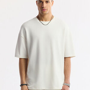 2026 Erkek Beyaz Bisiklet Yaka Jakarlı Oversize Fit T-Shirt A51Y1091