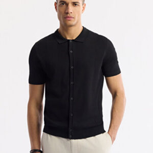 Yeni Sezon Erkek Siyah Polo Yaka Düğmeli Fitilli Rayon Triko Regular Fit T-Shirt A51Y5001