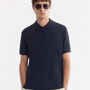 Mens Yaka Kıvrılmaz Fermuarlı Polo Lacivert Regular Fit T-Shirt